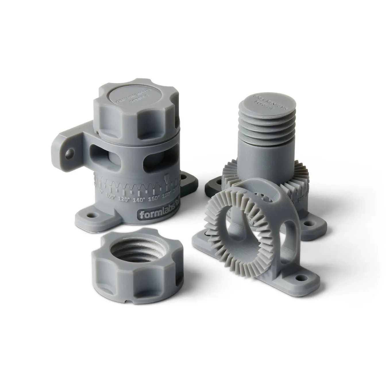 A photo of sample parts printed with the Formlabs 4 resin 3D printer