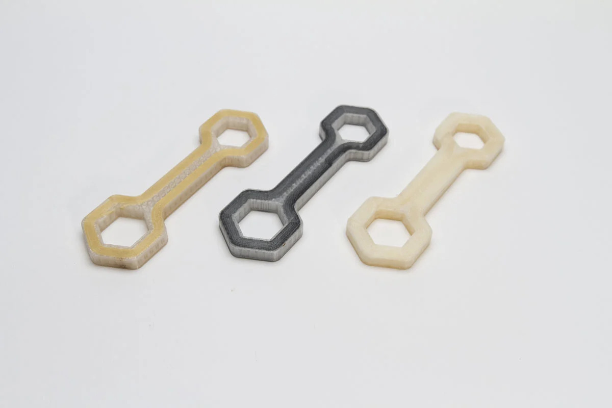 A photo of sample parts printed with the Markforged Mark Two 3D printer