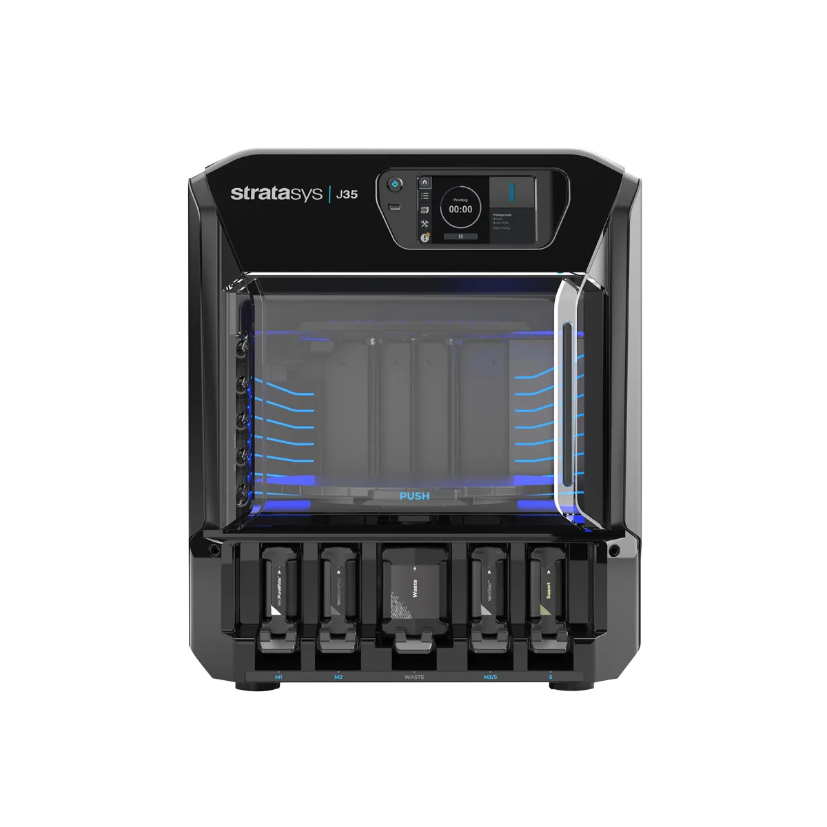 A photo of a Stratasys J35 resin 3D printer